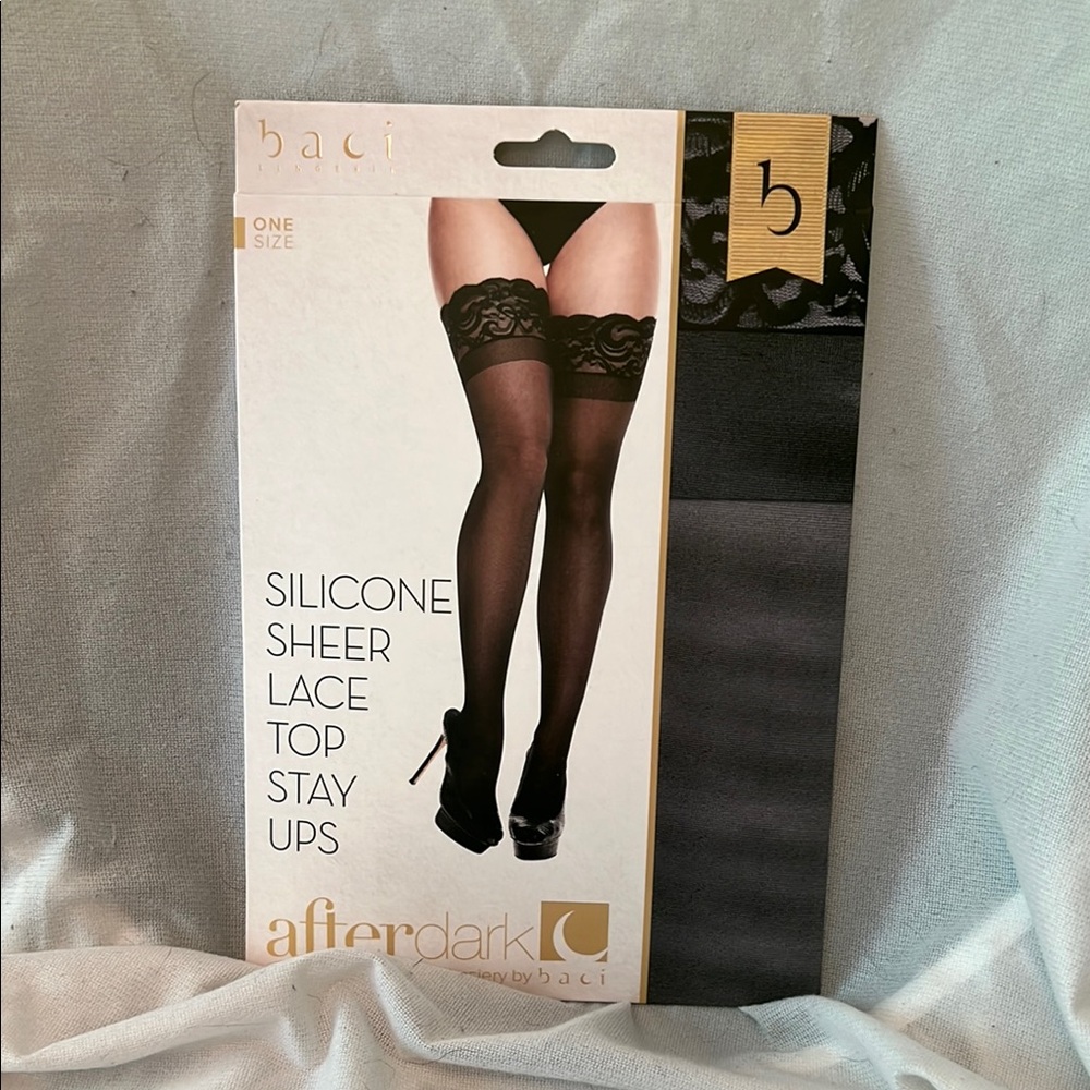 After Dark by Baci Black Silicone Sheer Lace Top Stay Ups Thigh High pantyhose